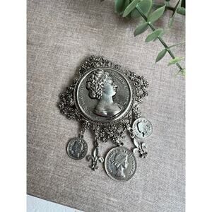 Vintage Queen Elizabeth Coin Dangling Medallion Brooch | Pewter Color